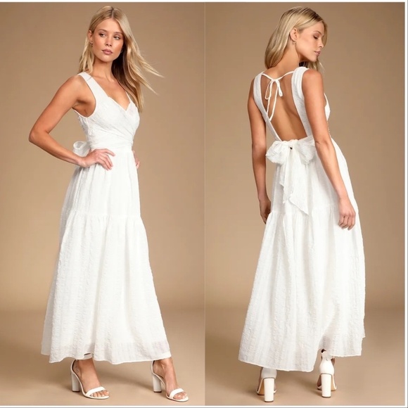 Lulus What a Trend White Tie-Back Tiered Midi Dress Small Bridal - Picture 1 of 12